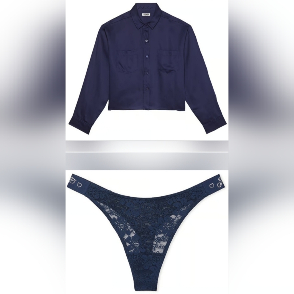 L/M ❤️VS PINK Long Sleeve Sleepshirt Bling Logo Wink Lace Thong Panty Set